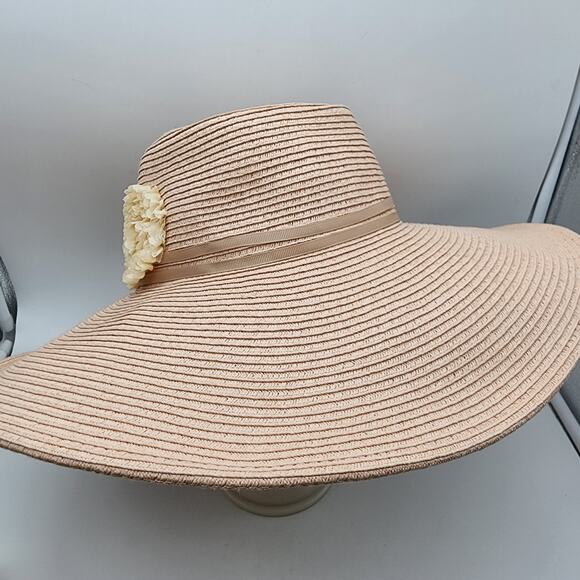 August Hat Company Wide Brim Floppy Hat Woven Floral Tie Detail Beach Tropical - Picture 3 of 16